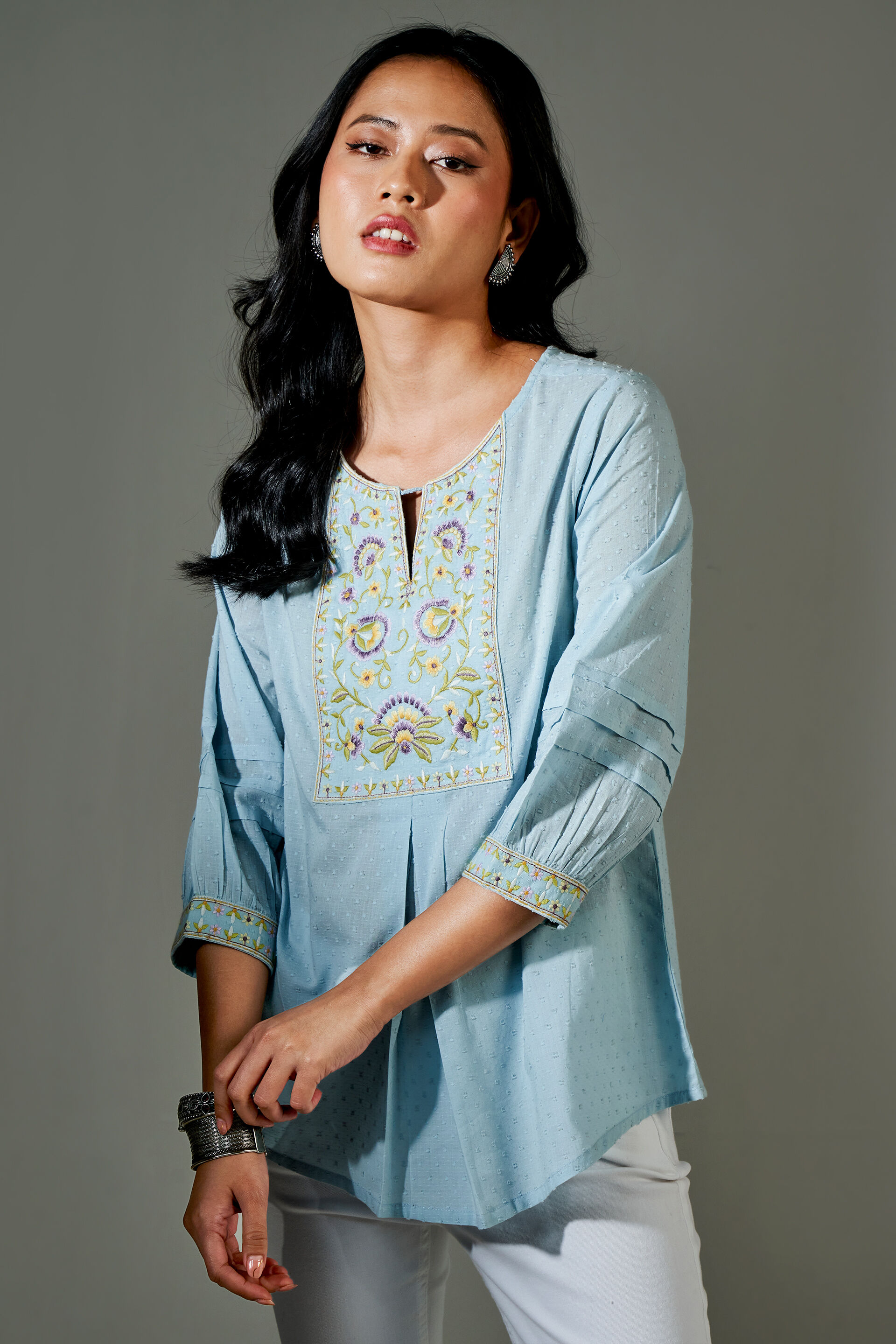 Aqua Dobby Embroidered Straight Top, Aqua, image 4